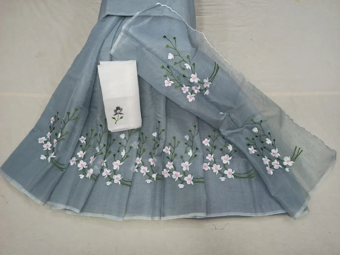 Kota Doria Embroidery Work Sari In grey
