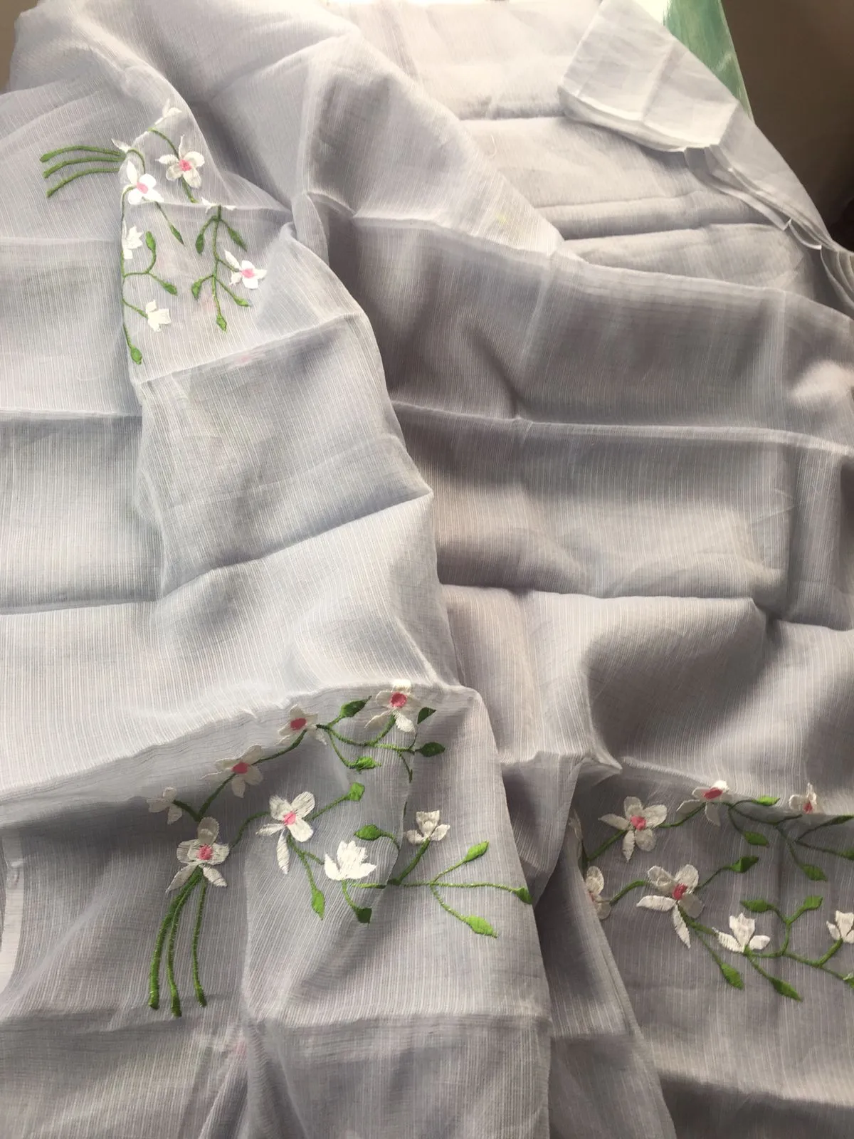 Kota Doria Embroidery Work Sari In grey