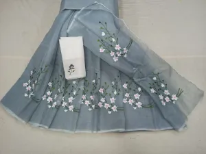 Kota Doria Embroidery Work Sari In grey
