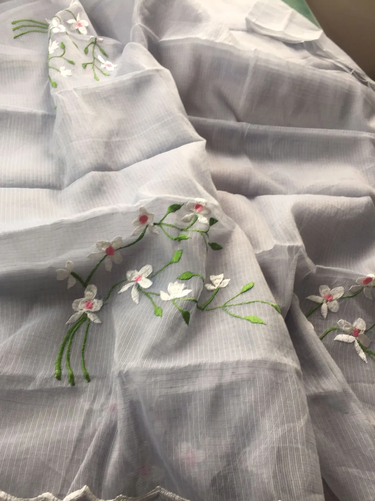 Kota Doria Embroidery Work Sari In grey