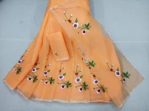 Kota Doria Embroidery Work Sari In orange