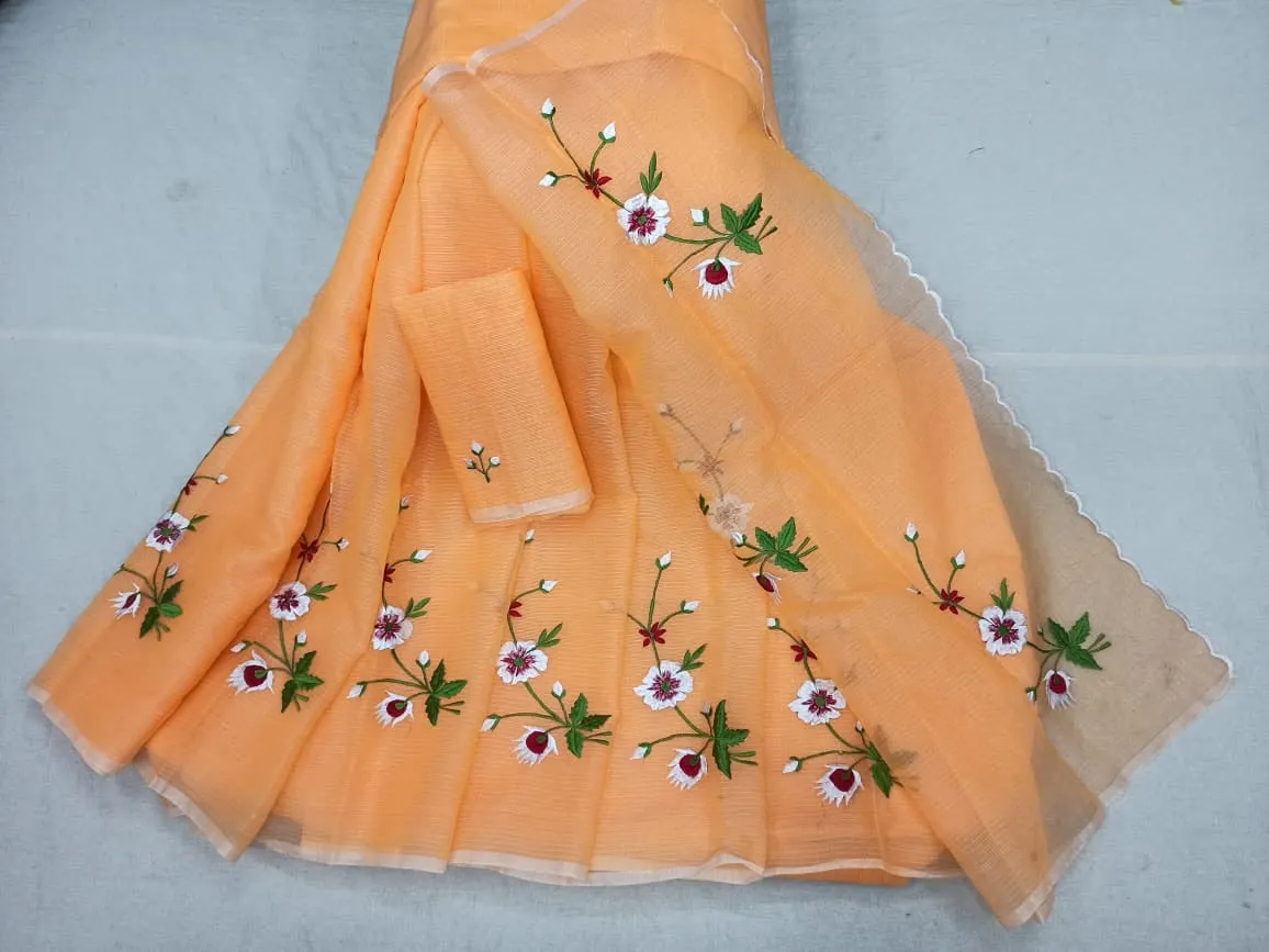 Kota Doria Embroidery Work Sari In orange