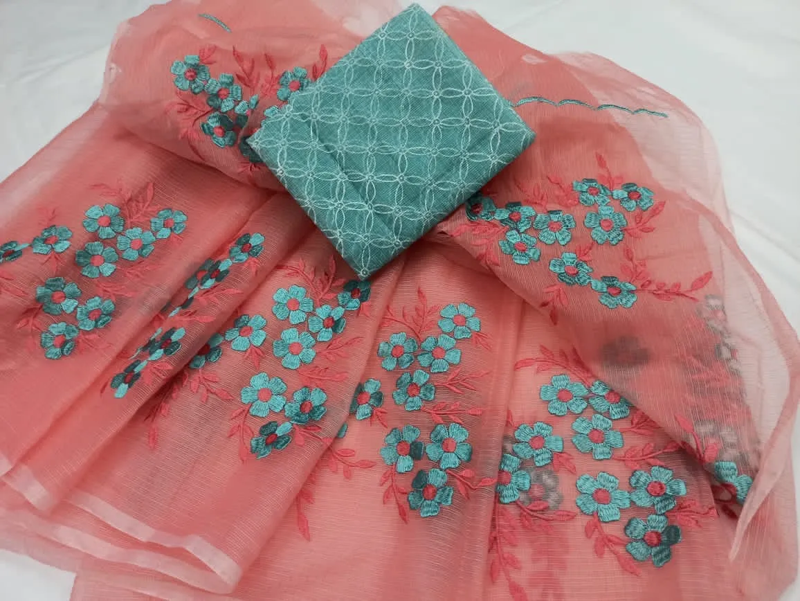 Kota Doria Embroidery Work Sari In Peach