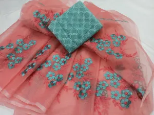 Kota Doria Embroidery Work Sari In Peach