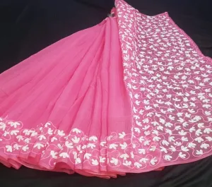 Kota Doria Embroidery Work Sari In Pink