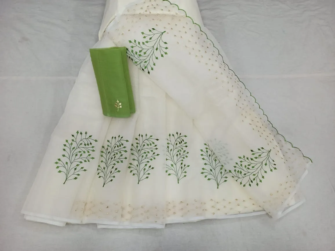 Kota Doria Embroidery Work Sari In White