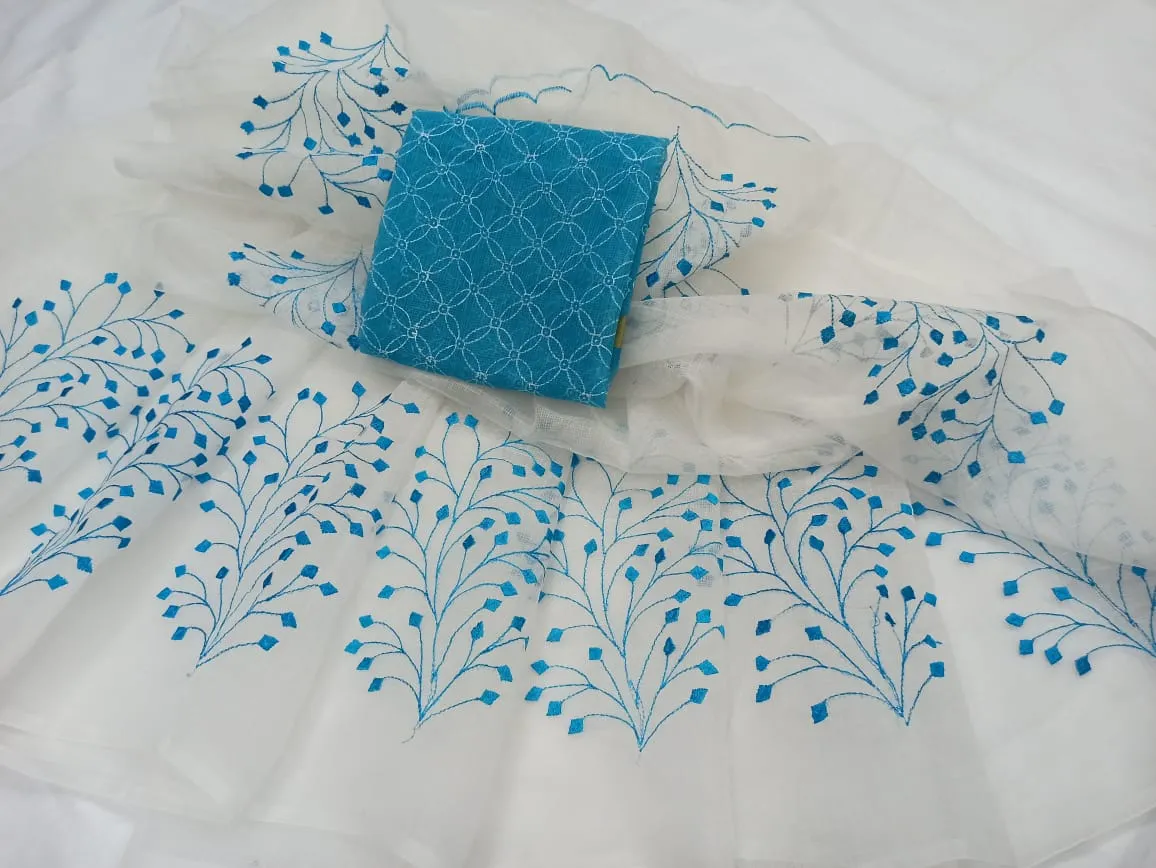 Kota Doria Embroidery Work Sari In White