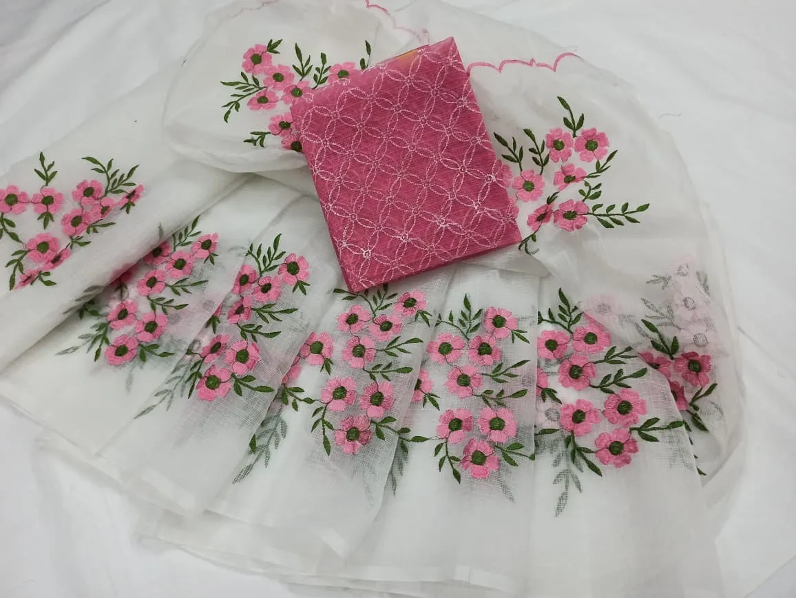 Kota Doria Embroidery Work Sari In White