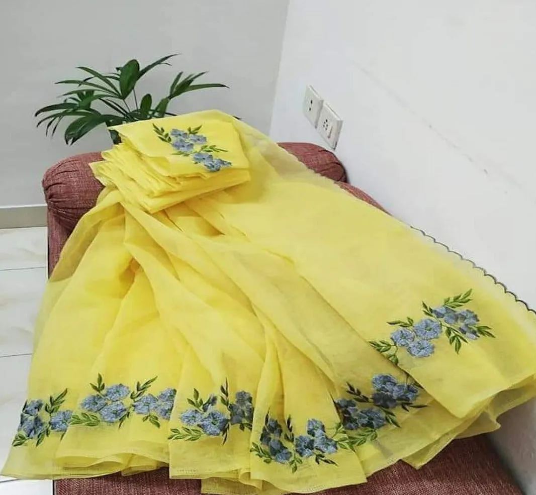 Kota Doria Embroidery Work Sari In Yellow