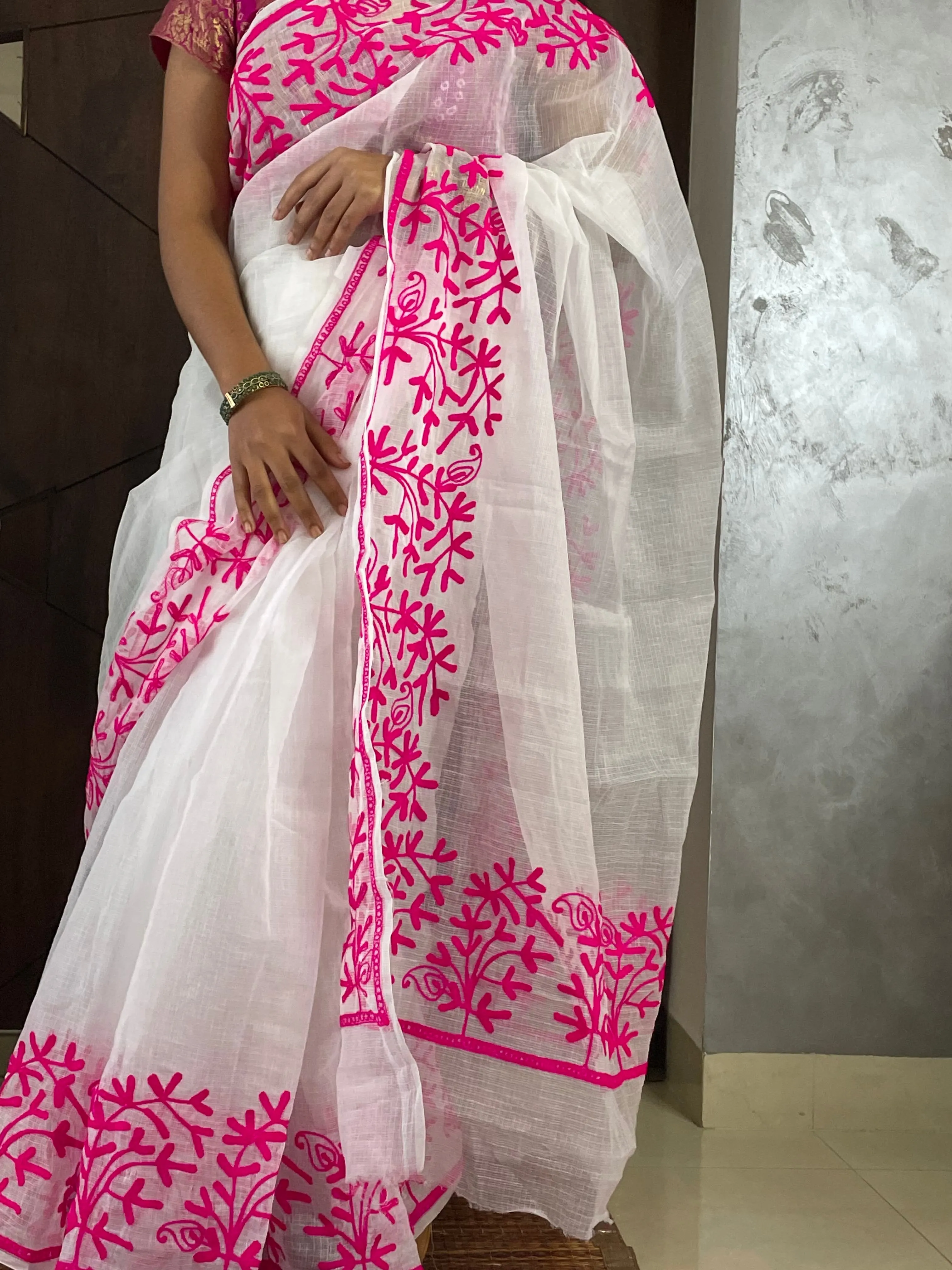 Kota Doria White Embroidery Work Saree