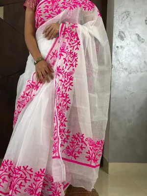 Kota Doria White Embroidery Work Saree
