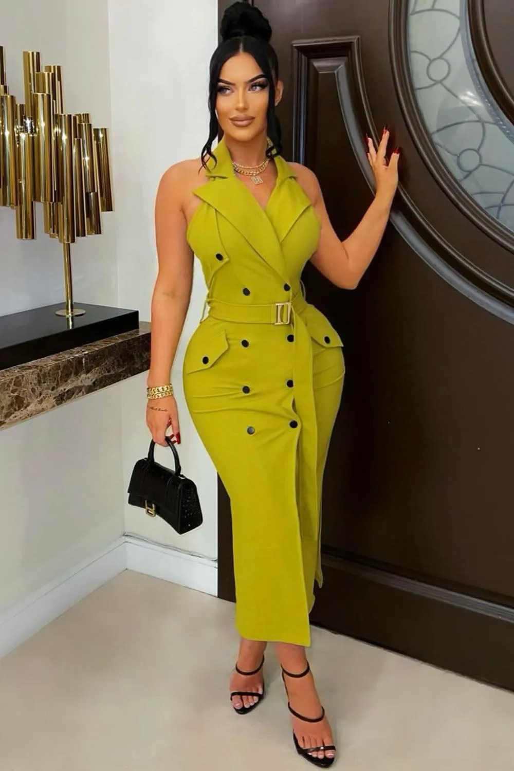 Lapel Halter Collar Double Breasted Slim-Fit Maxi Dresses-Green [Pre Order]
