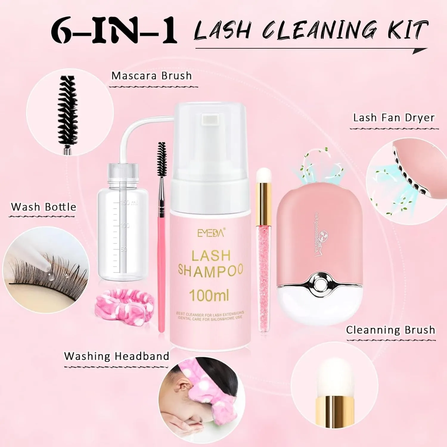 Lash Shampoo for Lash Extensions Lash Cleaning Kit with Lash Fan Dryer, Brush, Wash Bottle, Hair Band, Oil Free Foam Soap Cleaner Lash Bath Kit, Lash Wash Eyelash Extension Cleanser