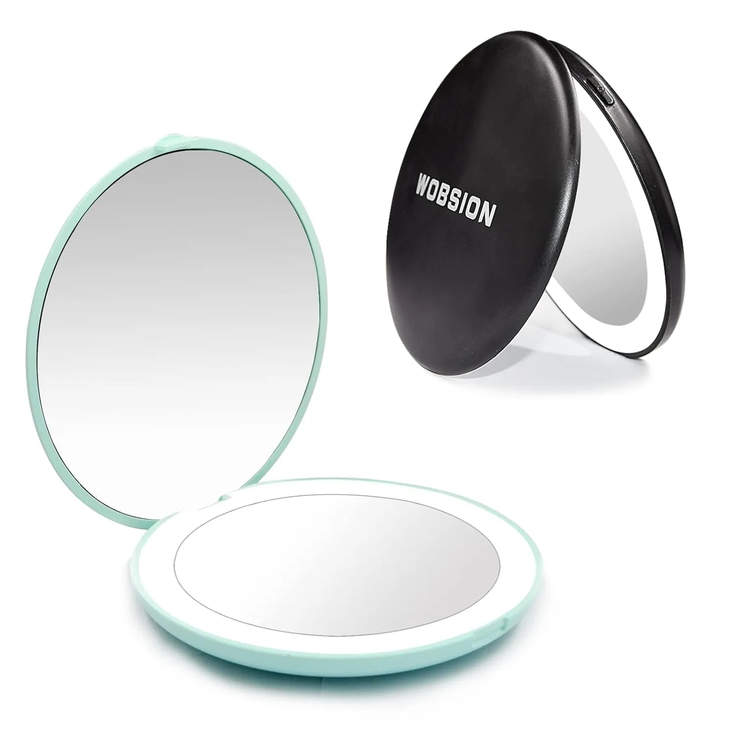 LED Lighted Travel Makeup Mirror, 1X/10X Magnification, Compact, Portable for Handbag, Purse, Pocket, 3.5 Inch Illuminated, Folding, Handheld, 2-Sided, Round, Cyan