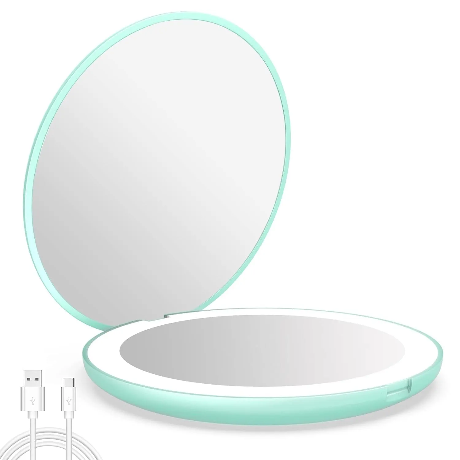 LED Lighted Travel Makeup Mirror, 1X/10X Magnification, Compact, Portable for Handbag, Purse, Pocket, 3.5 Inch Illuminated, Folding, Handheld, 2-Sided, Round, Cyan