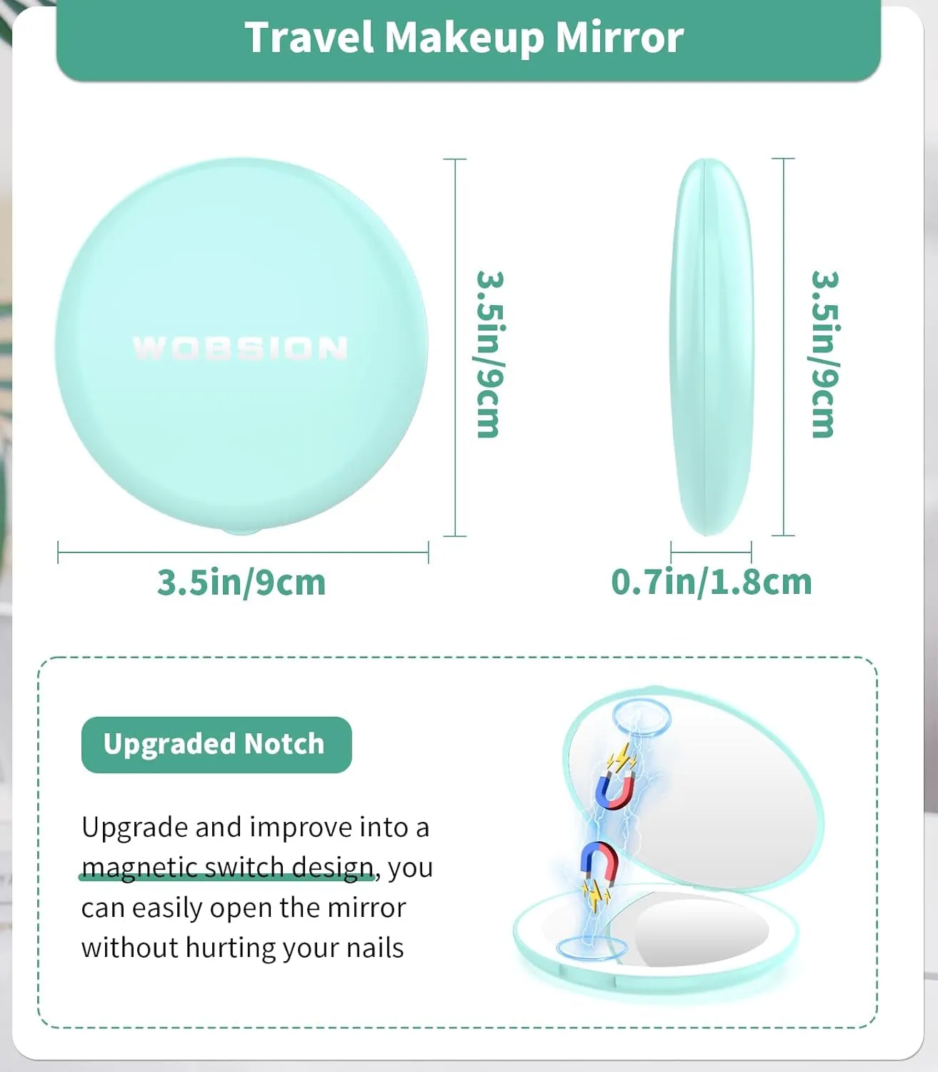 LED Lighted Travel Makeup Mirror, 1X/10X Magnification, Compact, Portable for Handbag, Purse, Pocket, 3.5 Inch Illuminated, Folding, Handheld, 2-Sided, Round, Cyan