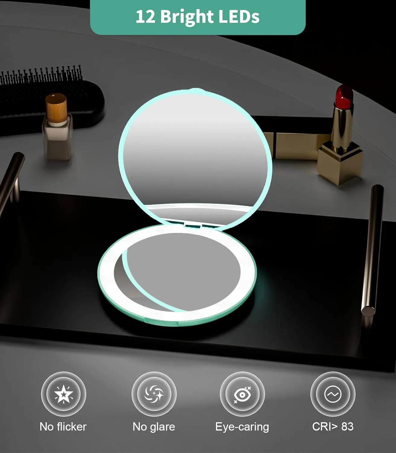 LED Lighted Travel Makeup Mirror, 1X/10X Magnification, Compact, Portable for Handbag, Purse, Pocket, 3.5 Inch Illuminated, Folding, Handheld, 2-Sided, Round, Cyan