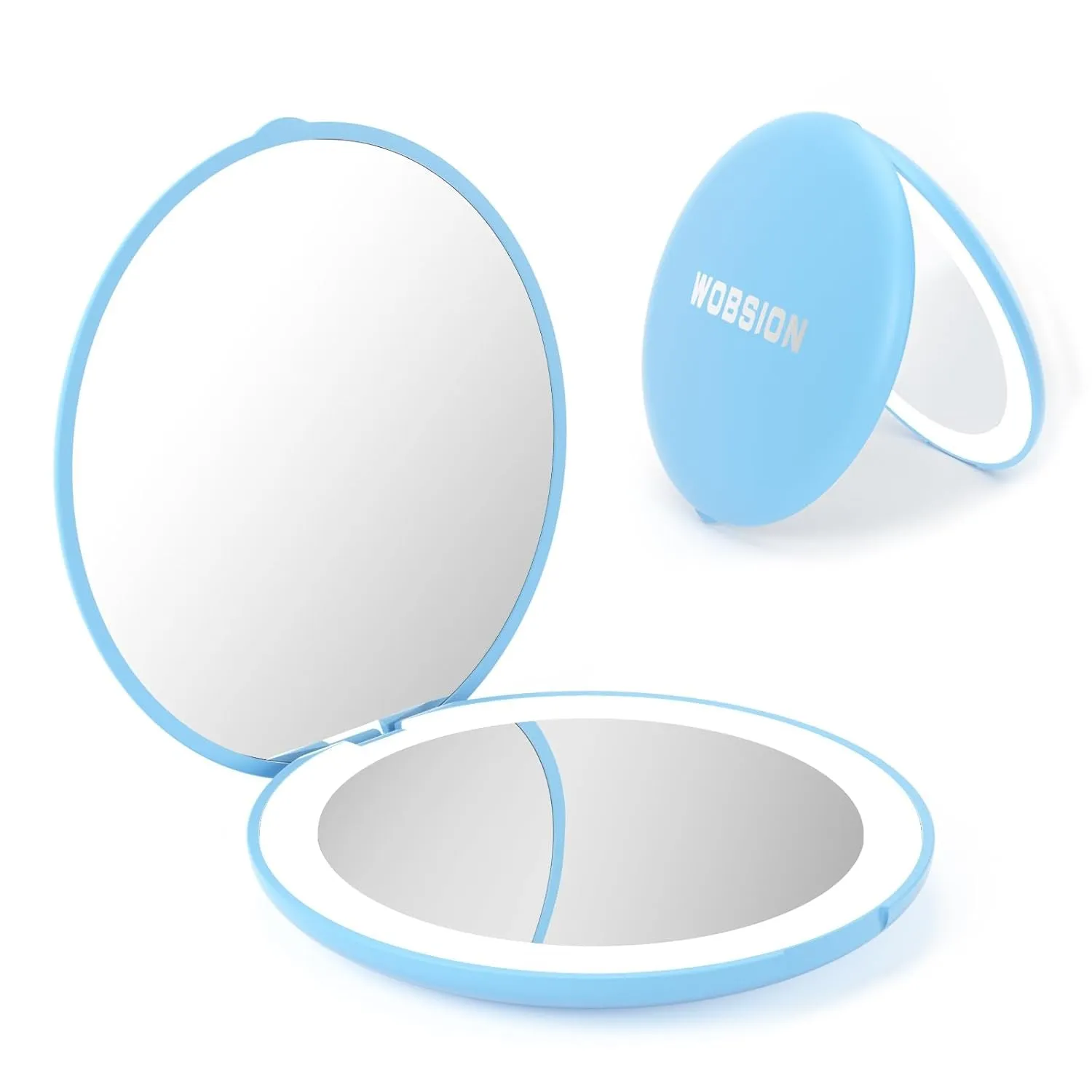 LED Lighted Travel Makeup Mirror, 1X/10X Magnification, Compact, Portable for Handbag, Purse, Pocket, 3.5 Inch Illuminated, Folding, Handheld, 2-Sided, Round, Cyan