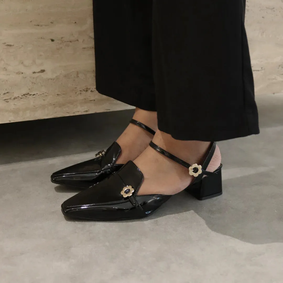 Loafer Buckle Heels in Hana Black Patent