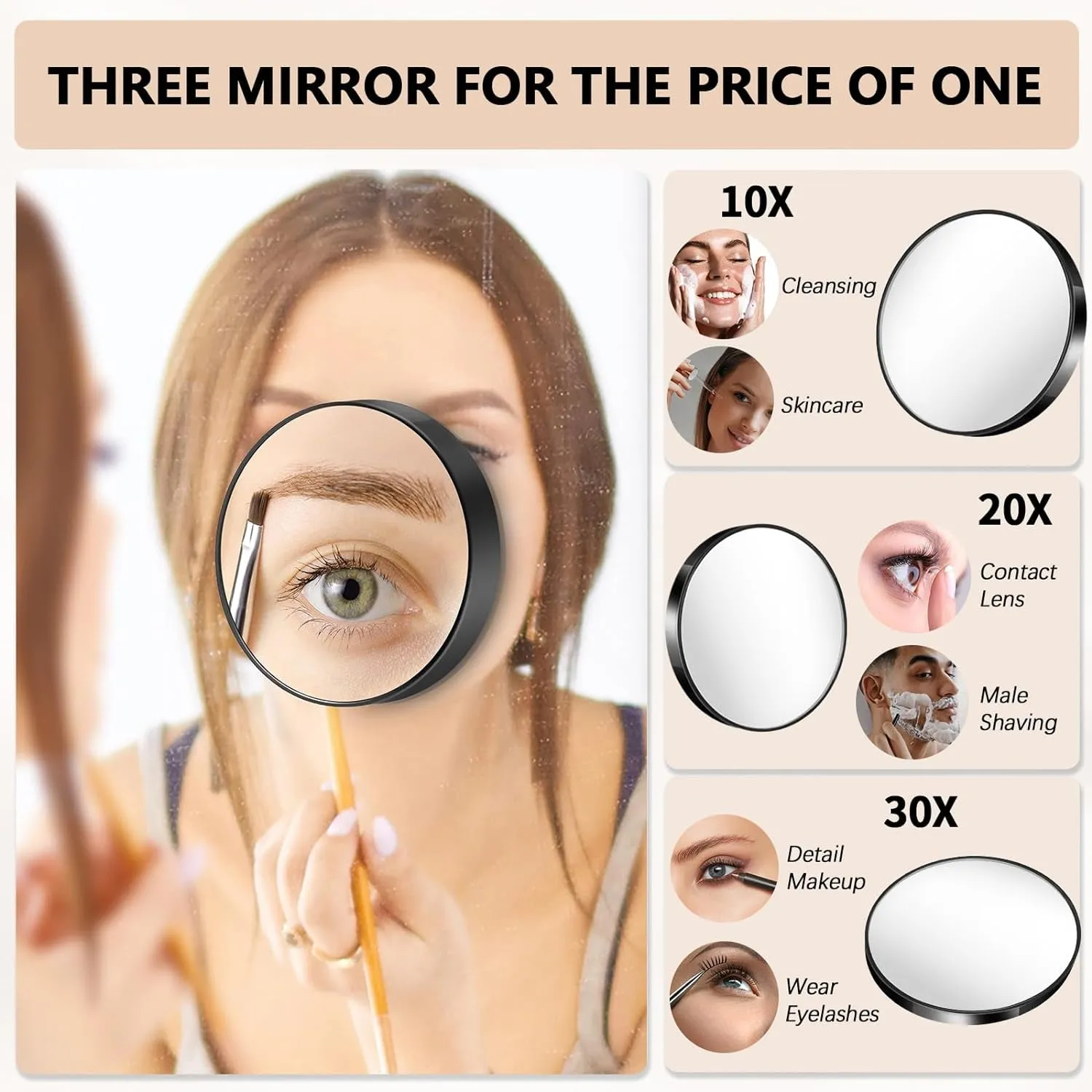Magnifying Mirror, 10X & 20X & 30X Set, Magnified Mirror 3.5" with Two Suction Cups, Travel Magnifying Mirror Set Comes with Portable Storage Bag, Compact Small Magnifying Mirror for Travel(Black)