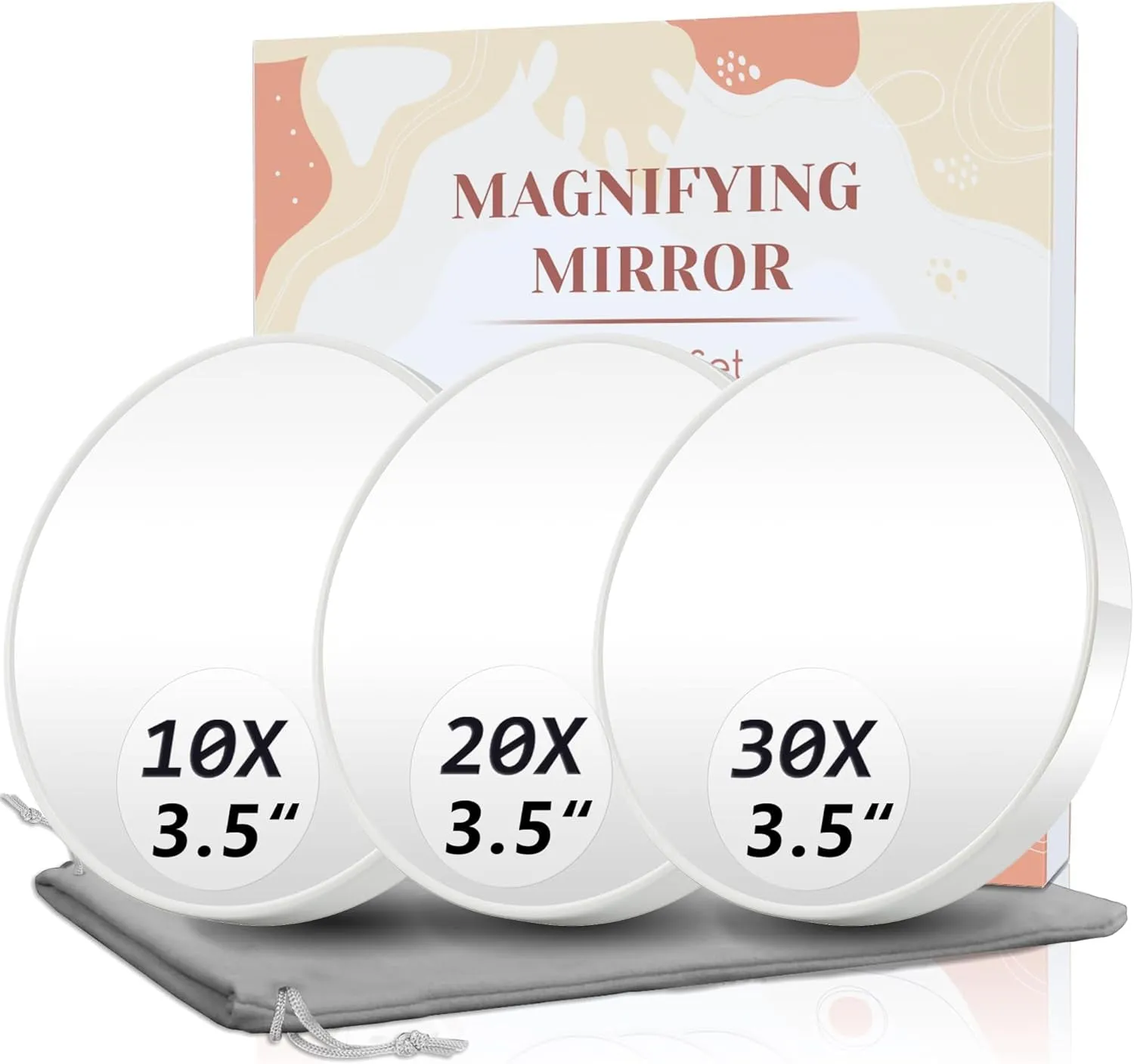 Magnifying Mirror, 10X & 20X & 30X Set, Magnified Mirror 3.5" with Two Suction Cups, Travel Magnifying Mirror Set Comes with Portable Storage Bag, Compact Small Magnifying Mirror for Travel(Black)