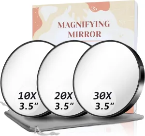 Magnifying Mirror, 10X & 20X & 30X Set, Magnified Mirror 3.5" with Two Suction Cups, Travel Magnifying Mirror Set Comes with Portable Storage Bag, Compact Small Magnifying Mirror for Travel(Black)