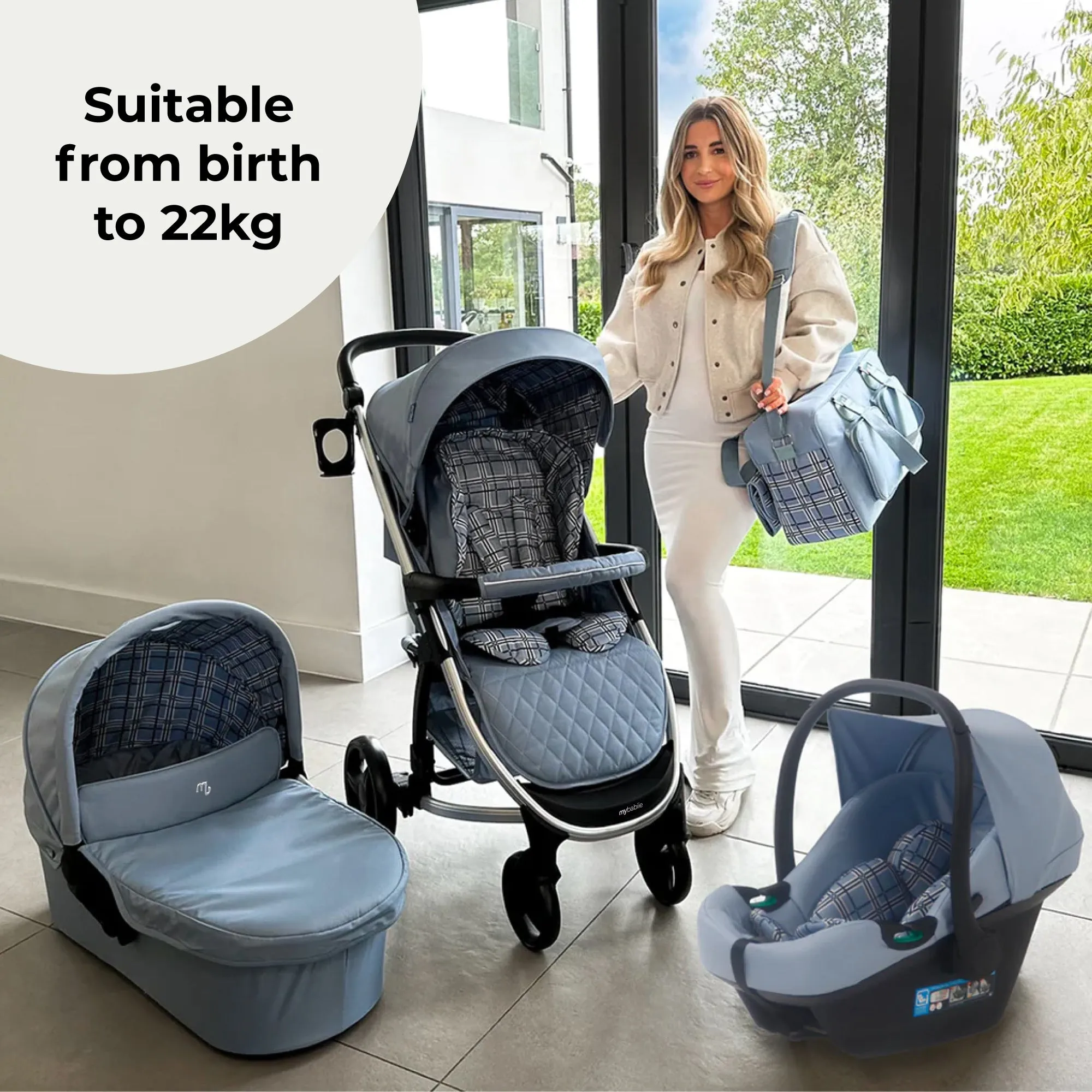 MB200i 3-in-1 Travel System with i-Size Car Seat - Blue Plaid