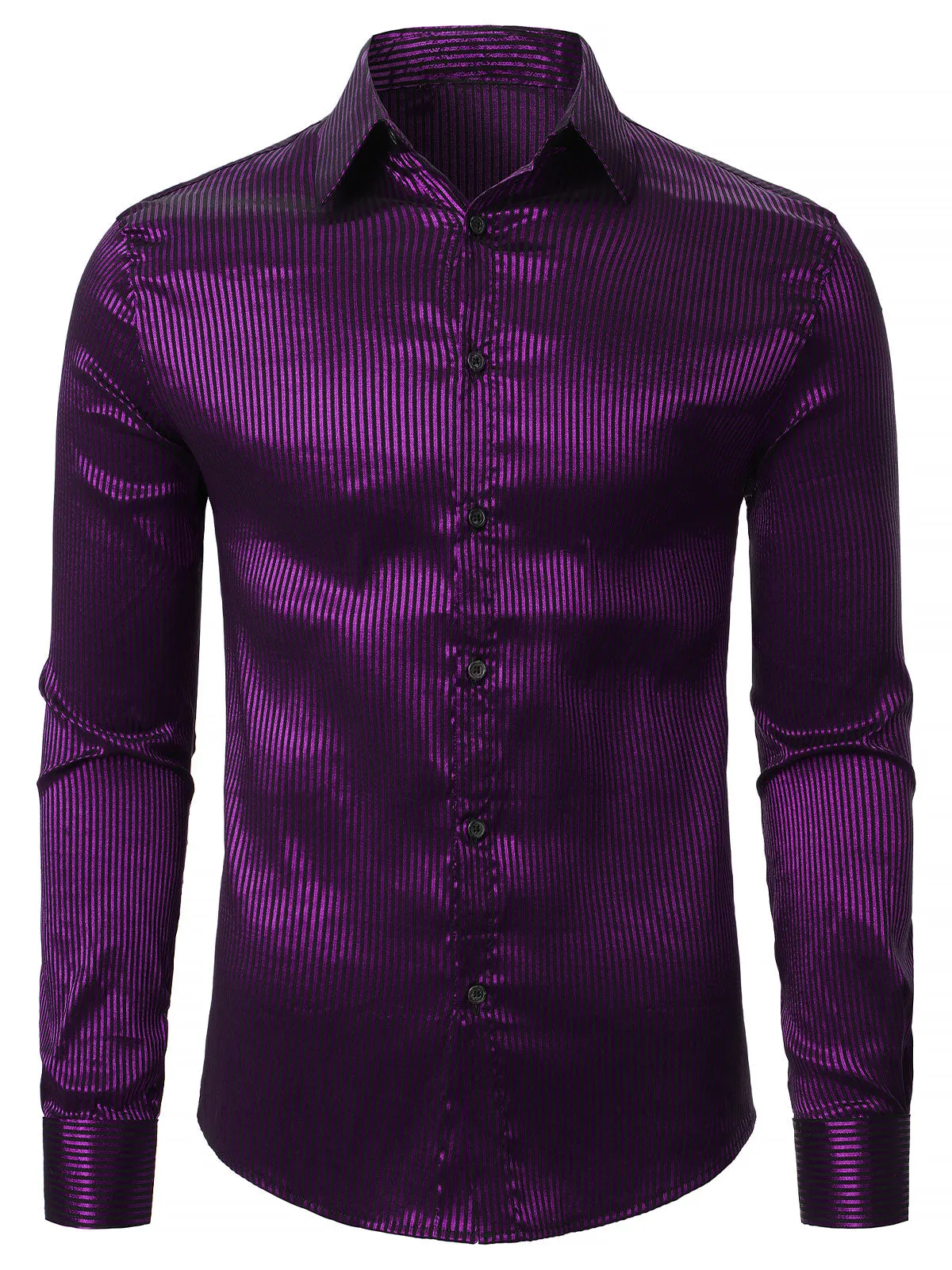 Men‘s Striped Textured Satin Party Slim Fit Wrinkle-Free Button Long Sleeve Shirt