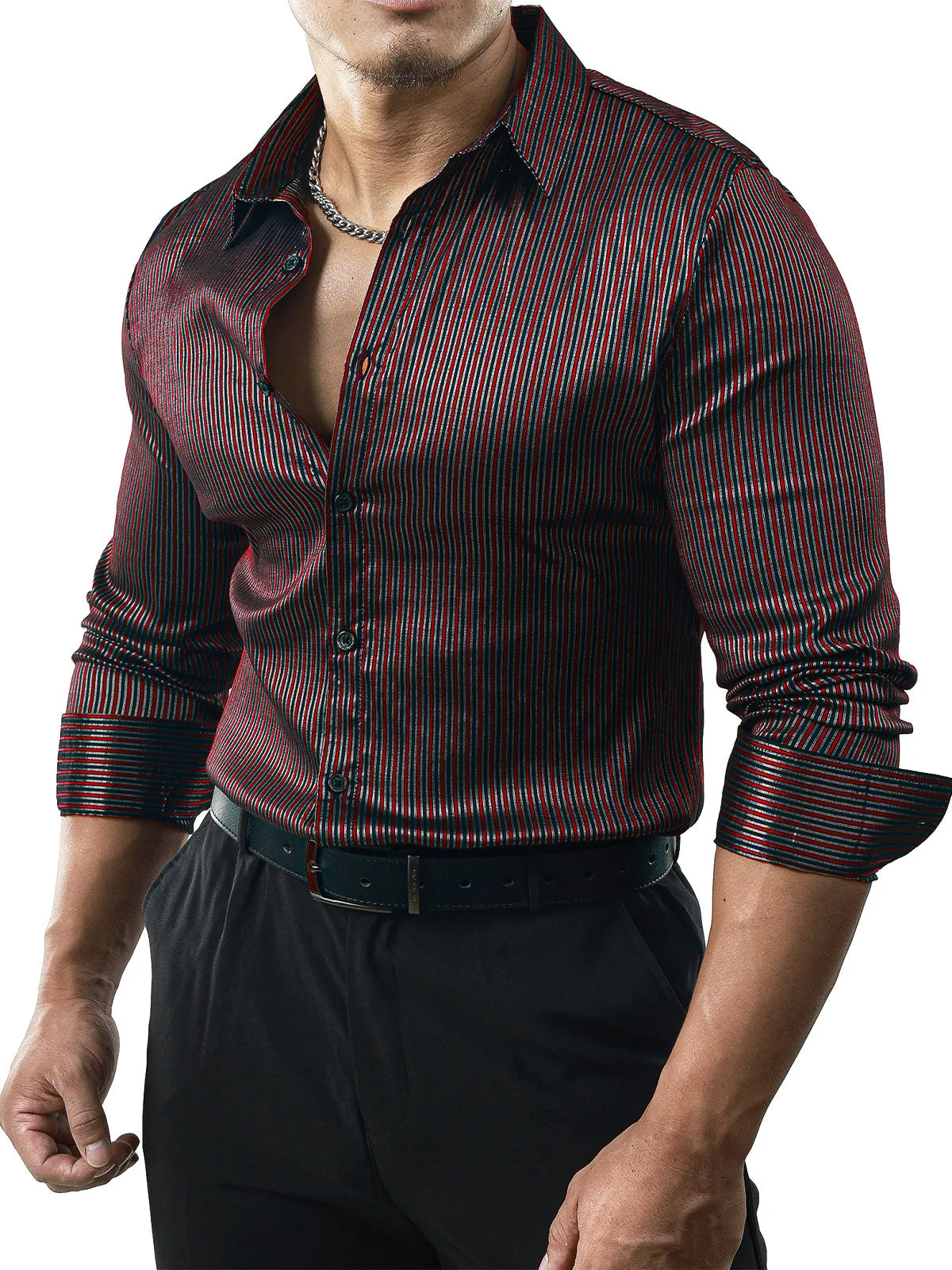 Men‘s Striped Textured Satin Party Slim Fit Wrinkle-Free Button Long Sleeve Shirt