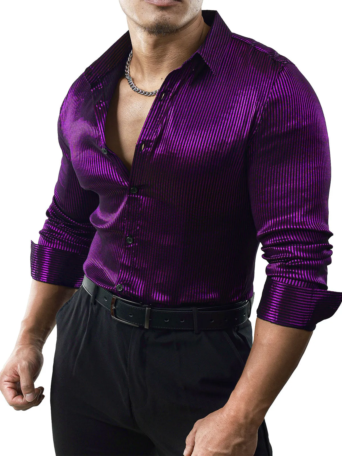 Men‘s Striped Textured Satin Party Slim Fit Wrinkle-Free Button Long Sleeve Shirt