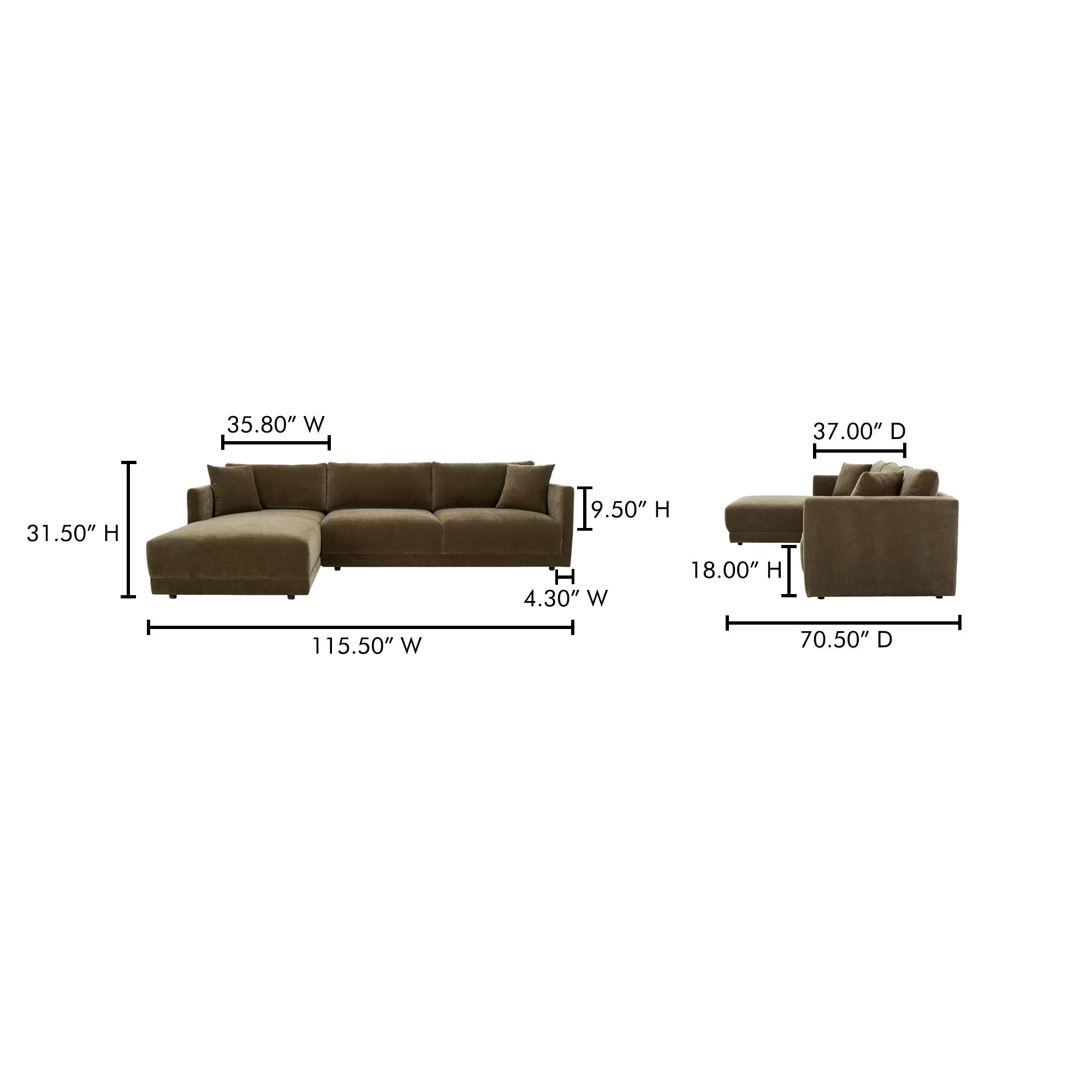 Moe's Home Collection Bryn Heritage Cedar Green Sectional ~ Left Facing Chaise