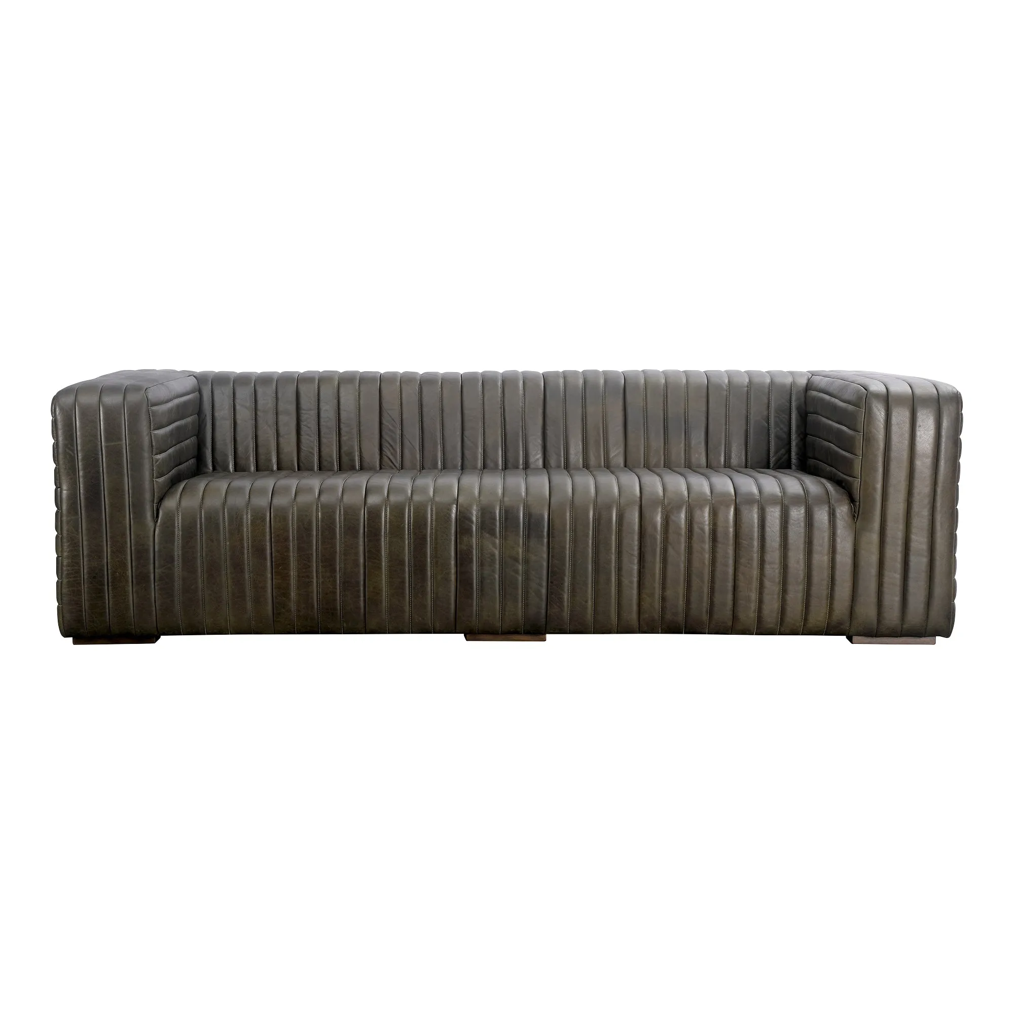 Moe's Home Collection Castle Channel Stiched Green Leather Sofa
