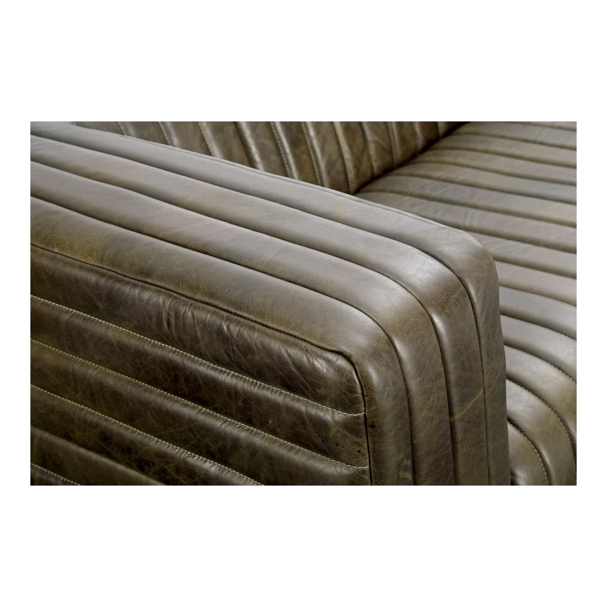 Moe's Home Collection Castle Channel Stiched Green Leather Sofa