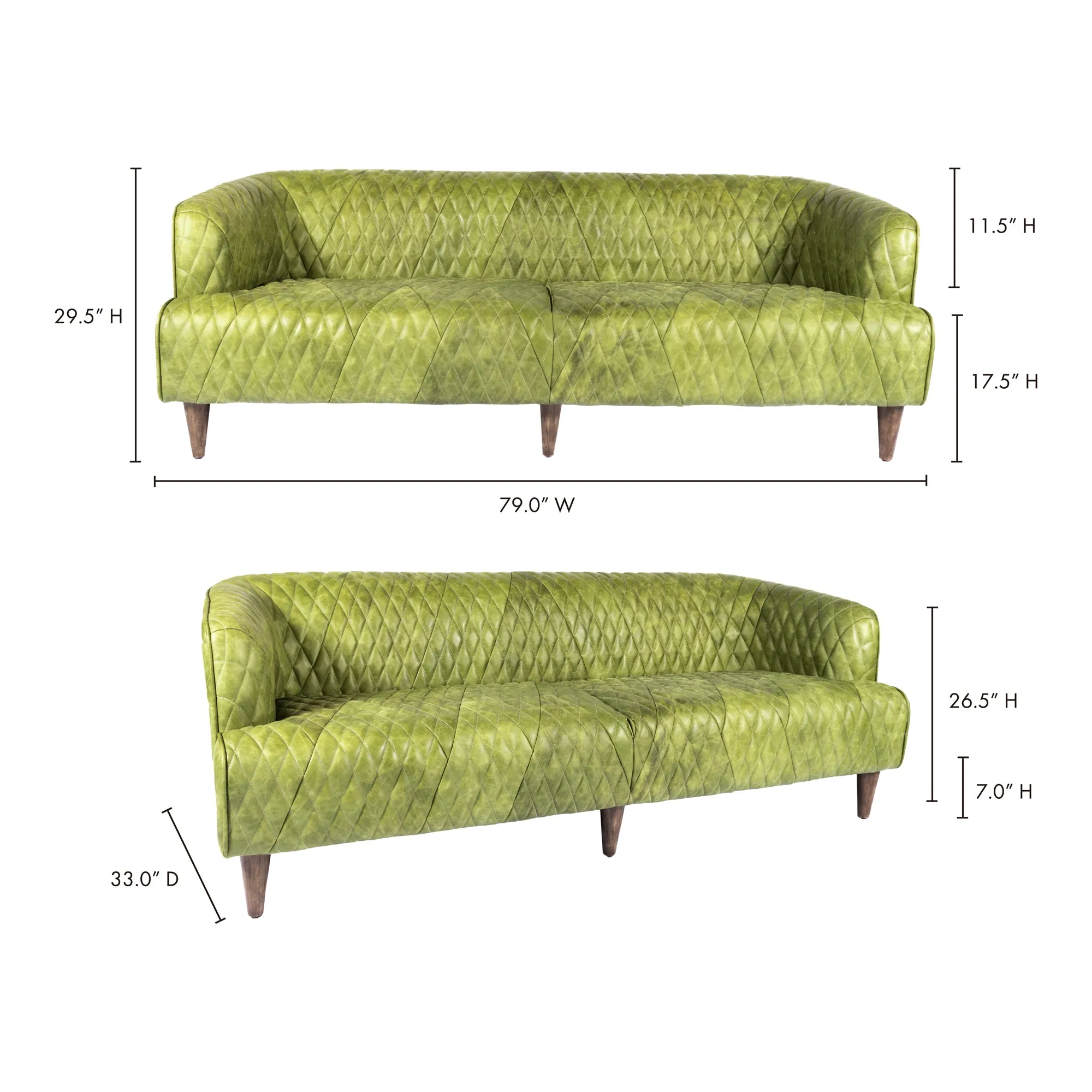 Moe's Home Collection Magdelan Diamond Tufted Green Leather Sofa