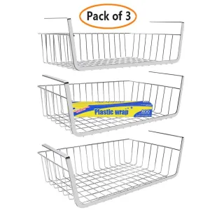 Monpearl 3 Pack 16.4" Under Shelf Basket, Under Cabinet Wire Shelves for Cabinet Thickness Max 1.45", Hanging Shelf Basket on Kitchen Pantry Desk Bookshelf, Silver, Large Size