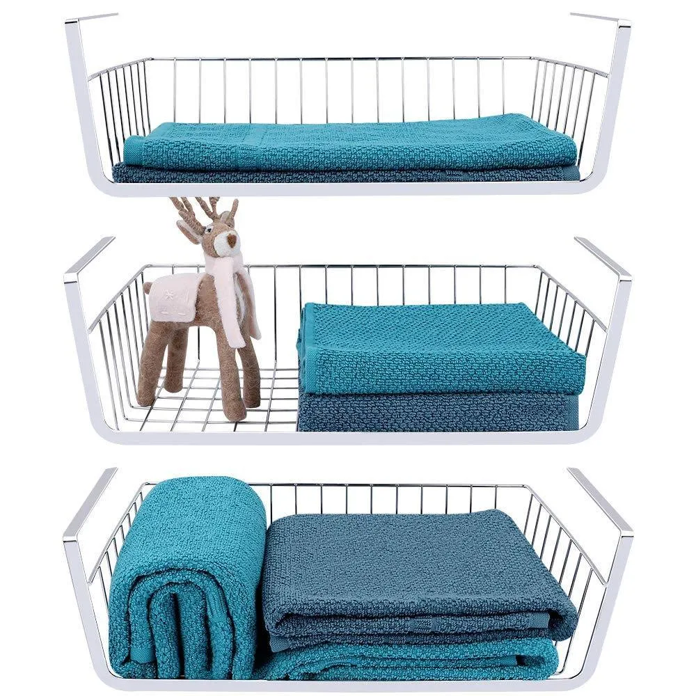Monpearl 3 Pack 16.4" Under Shelf Basket, Under Cabinet Wire Shelves for Cabinet Thickness Max 1.45", Hanging Shelf Basket on Kitchen Pantry Desk Bookshelf, Silver, Large Size