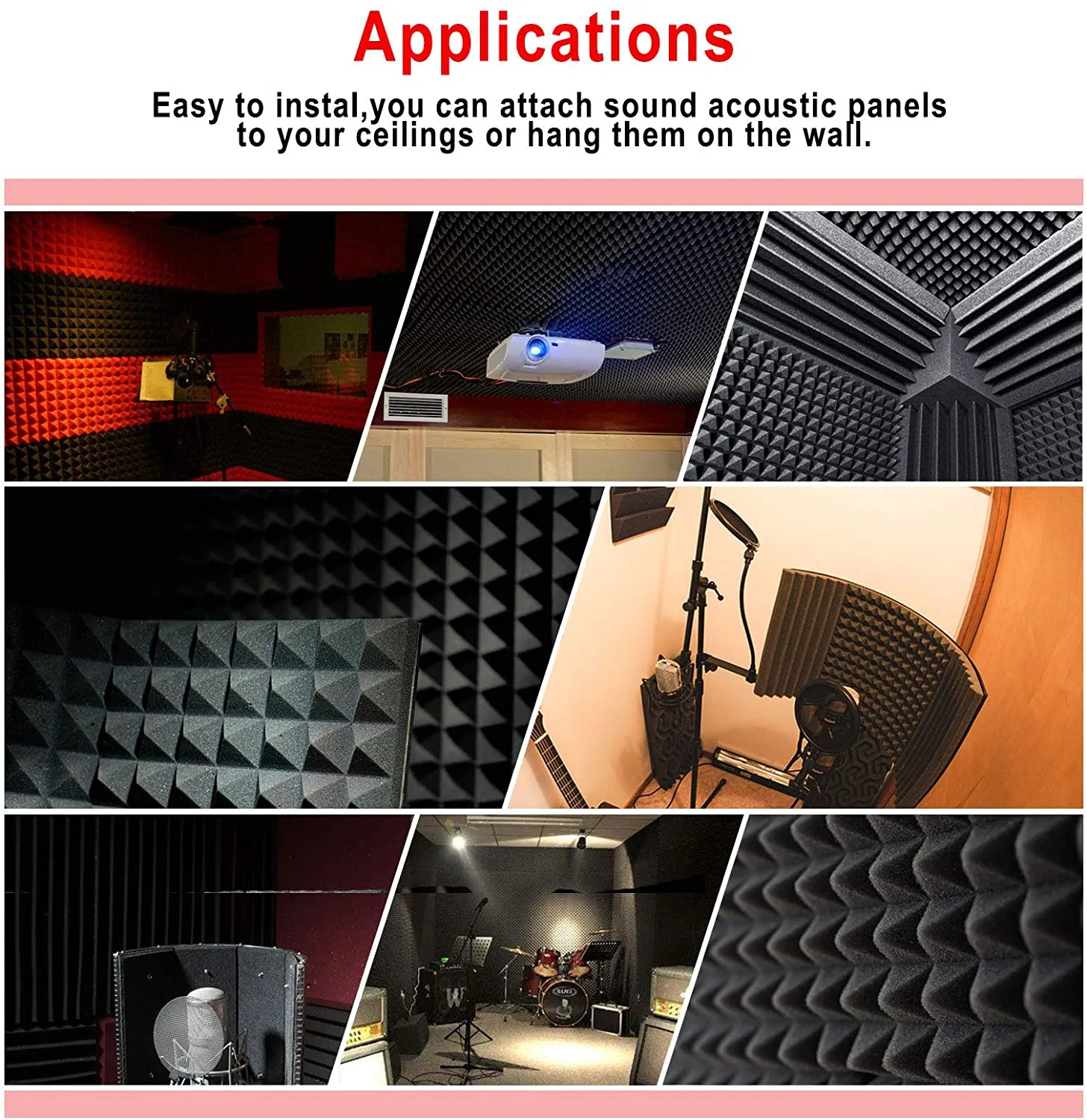 New FOUCARSI Acoustic foam panels 25x25x 5cm 12 pack black & red!