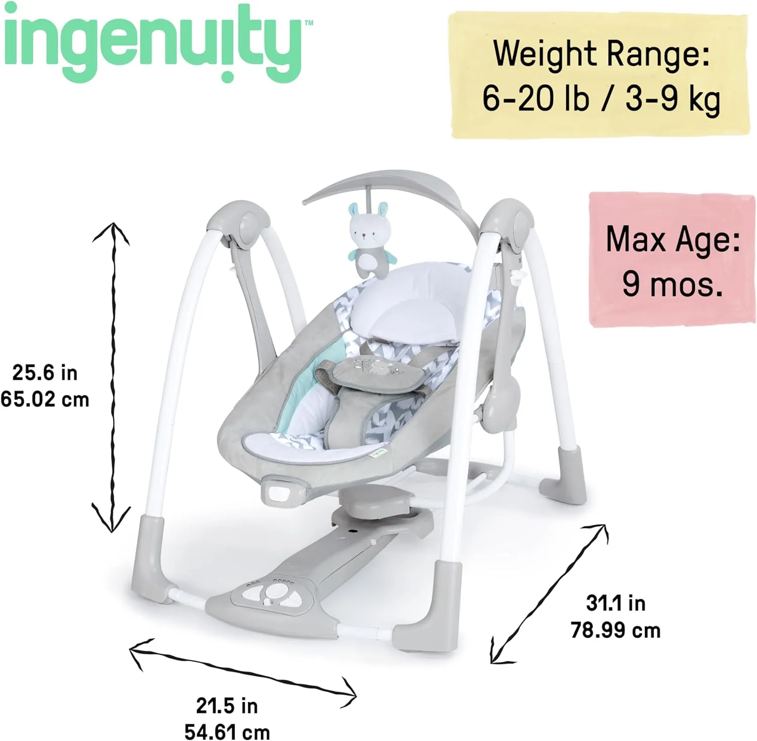 NEW Ingenuity ConvertMe Swing-2-Seat - Raylan - Battery-Saving Portable Swing