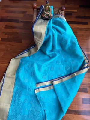 New Kota Doria Chikankari Work Saree In Blue