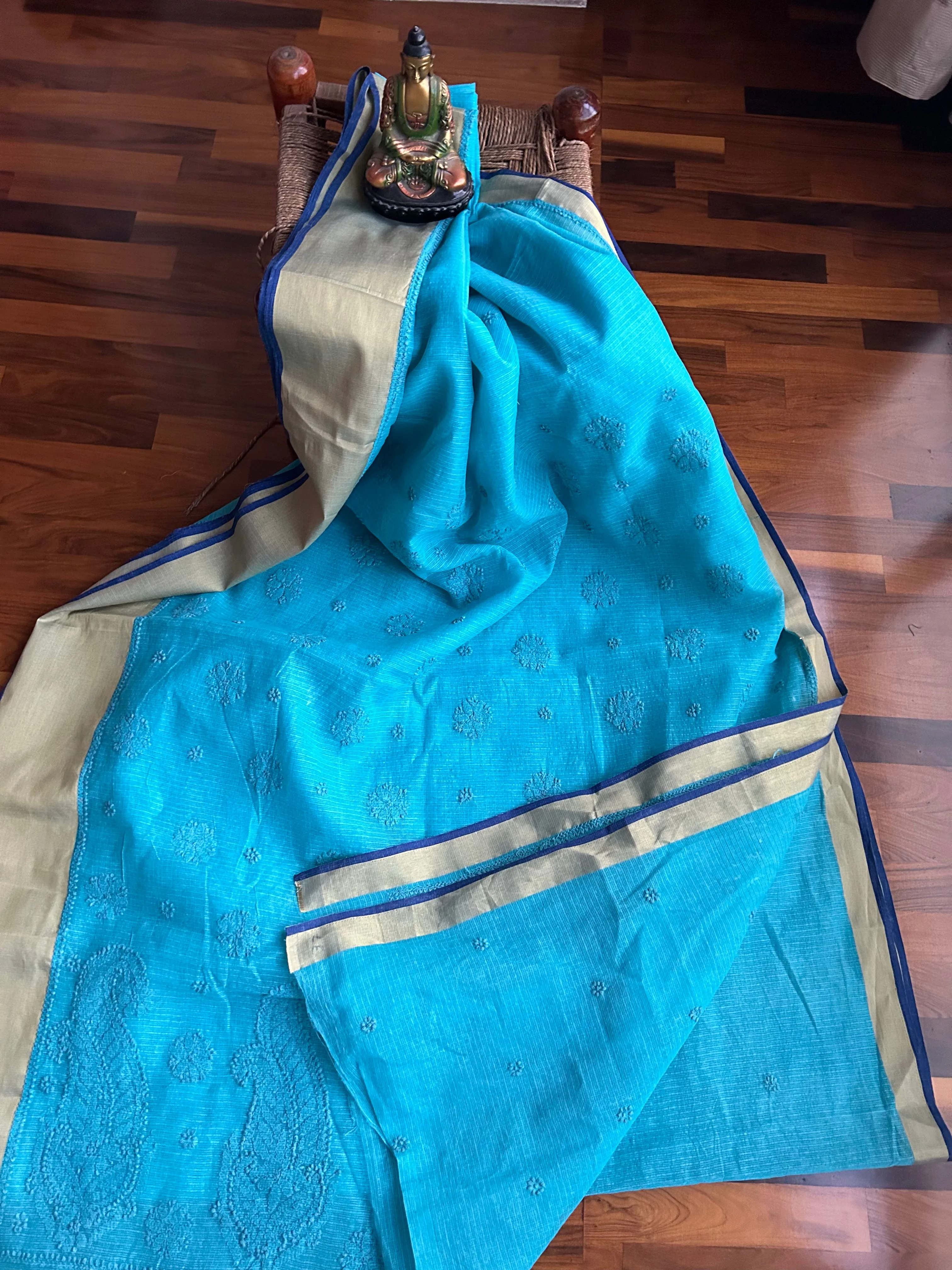 New Kota Doria Chikankari Work Saree In Blue