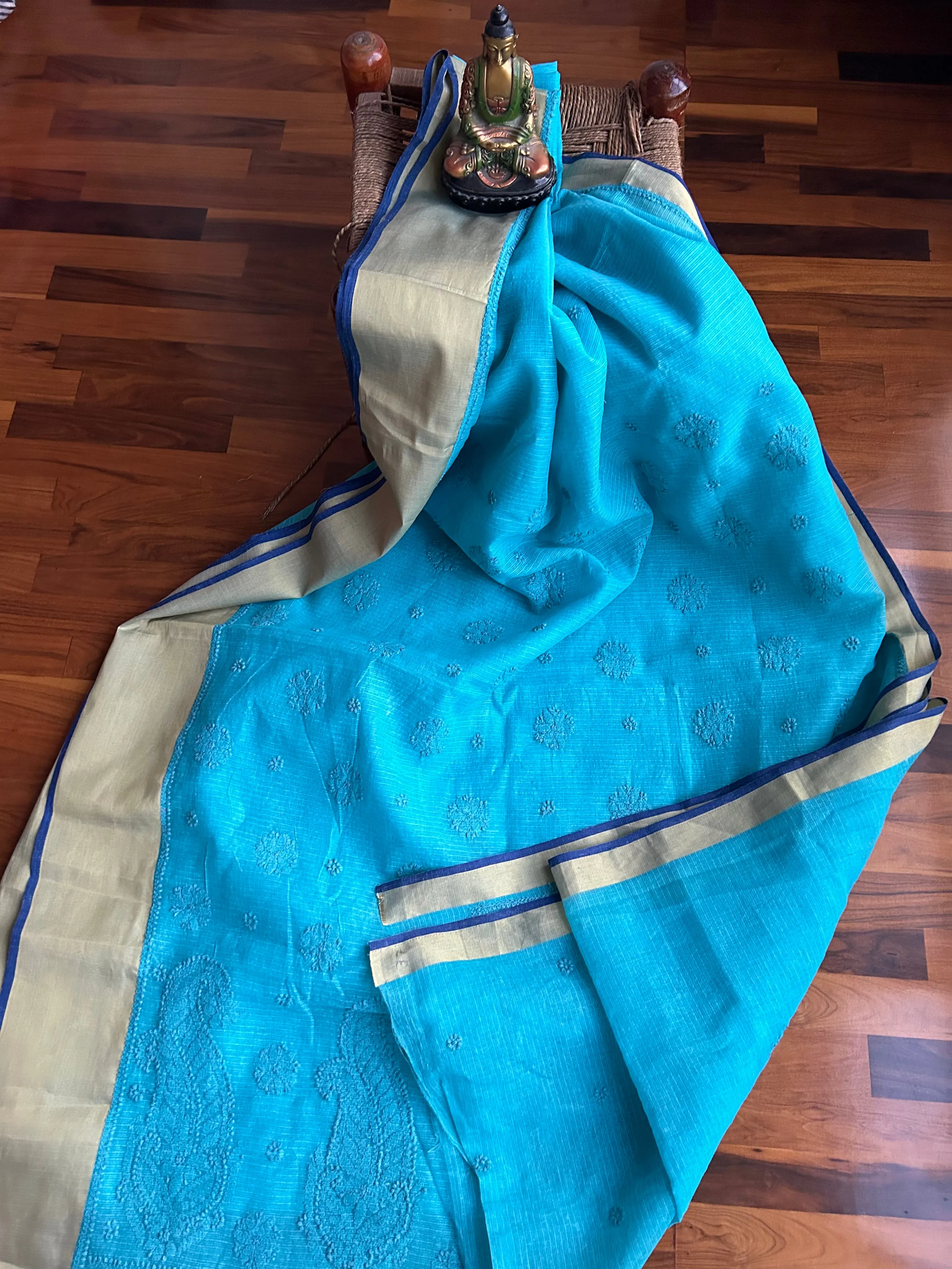 New Kota Doria Chikankari Work Saree In Blue