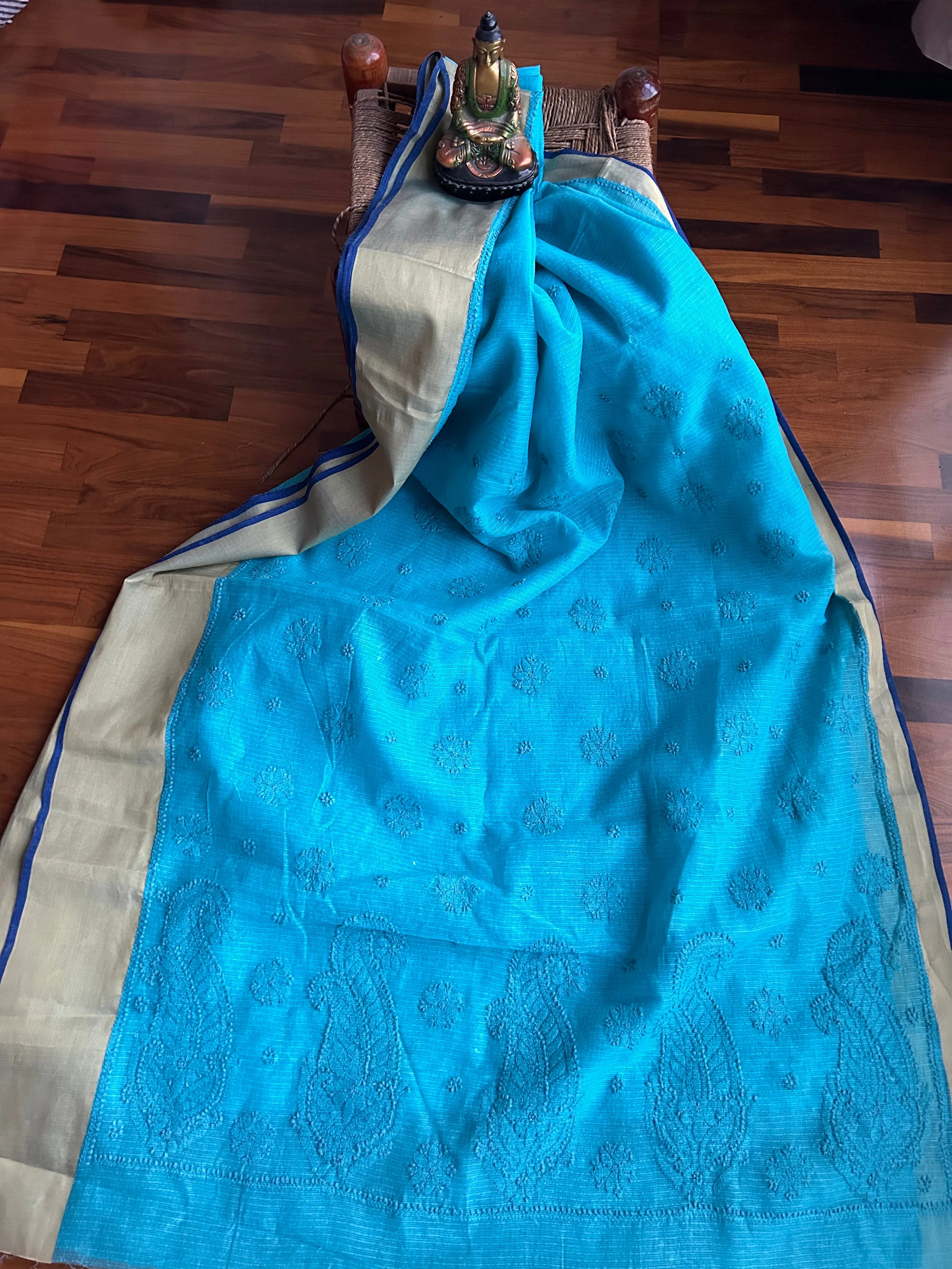 New Kota Doria Chikankari Work Saree In Blue