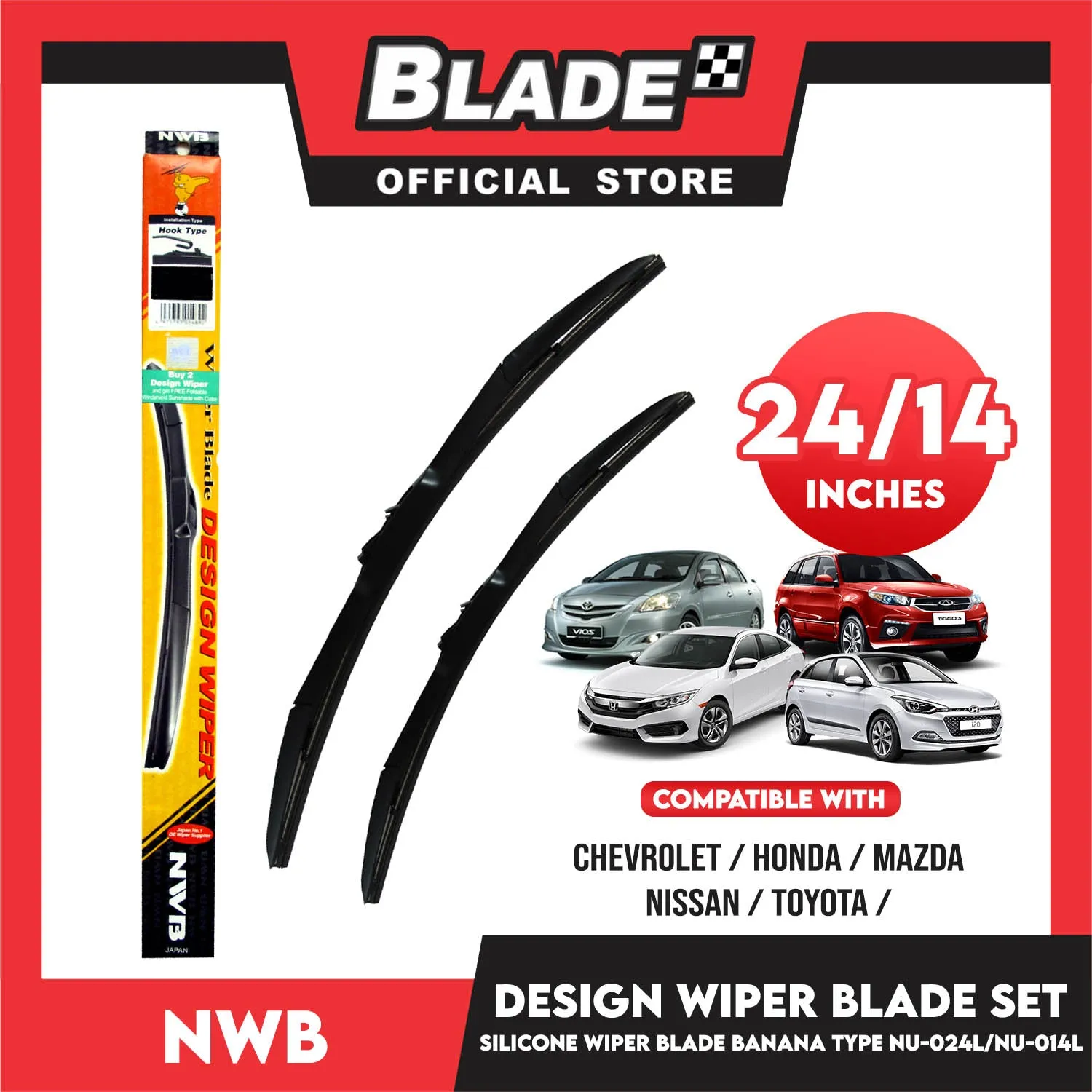 NWB Design Wiper Blade Set, Banana Type NU-024L 24' ' And NU-014L 14' ' Set of 2pcs Car Wiper For Chevrolet, Honda, Mazda, Nissan, Toyota