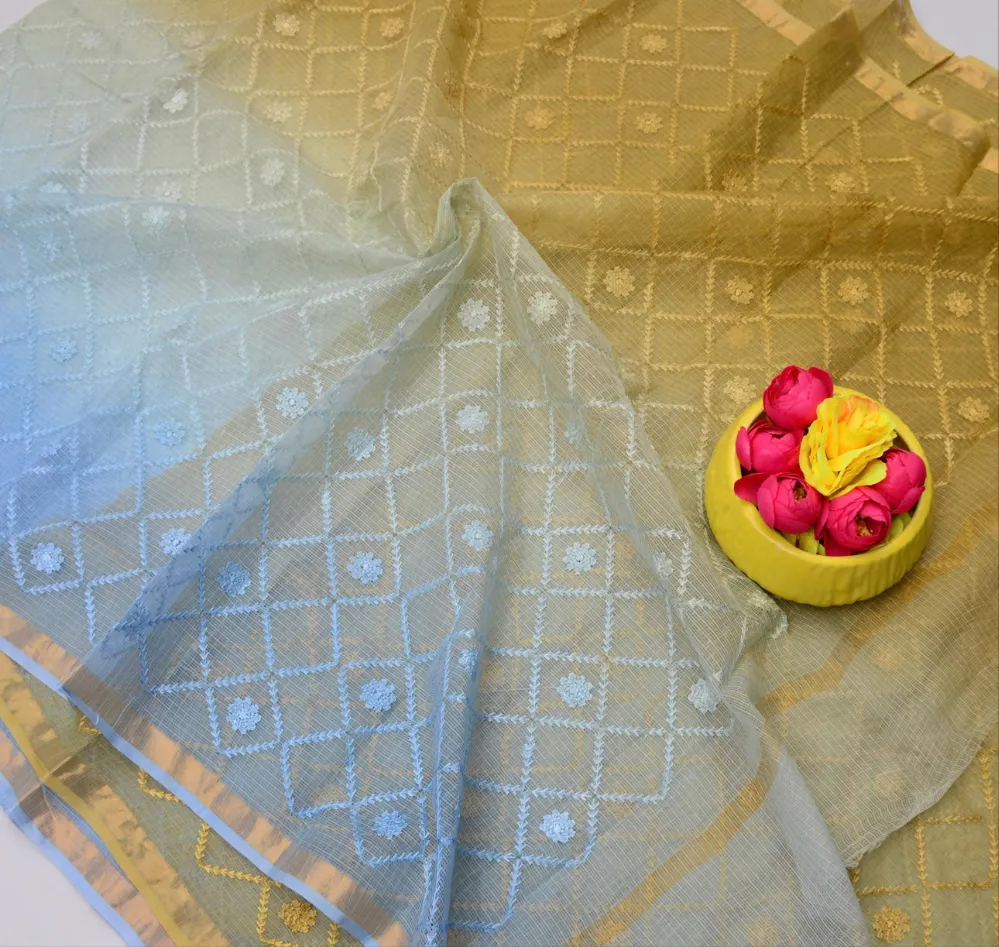 Olive Green & Blue Kota Doria All Over Embroidery Work Saree
