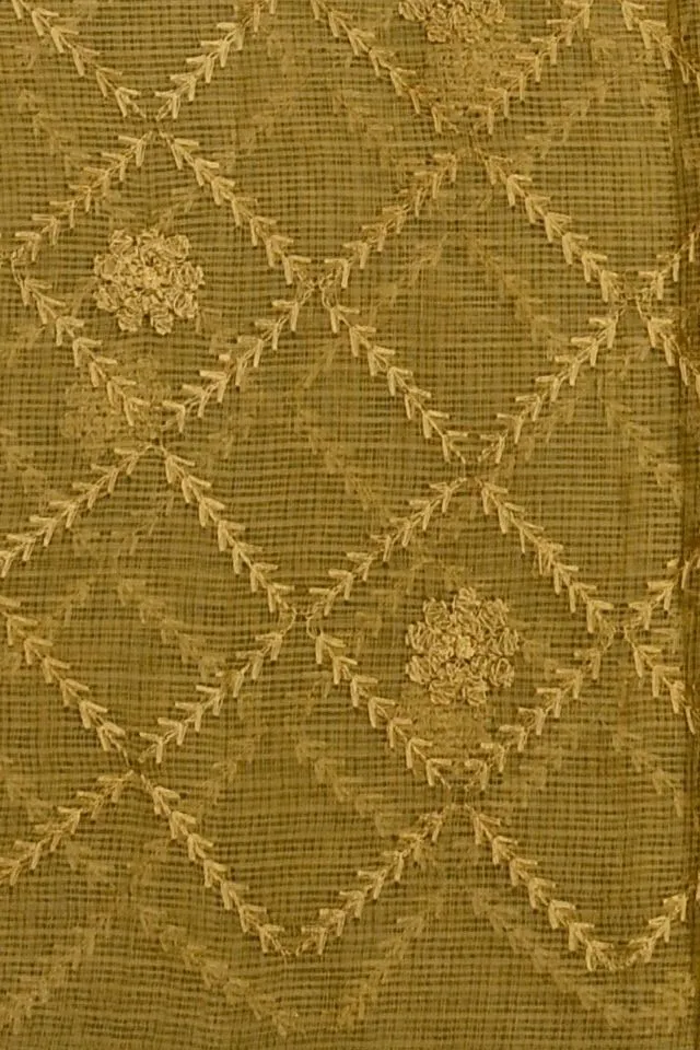 Olive Green & Blue Kota Doria All Over Embroidery Work Saree