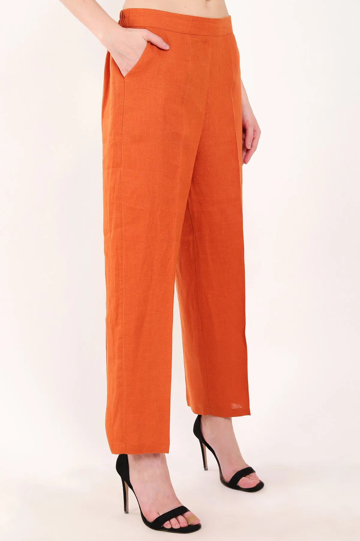 Orange Linen Straight Pants