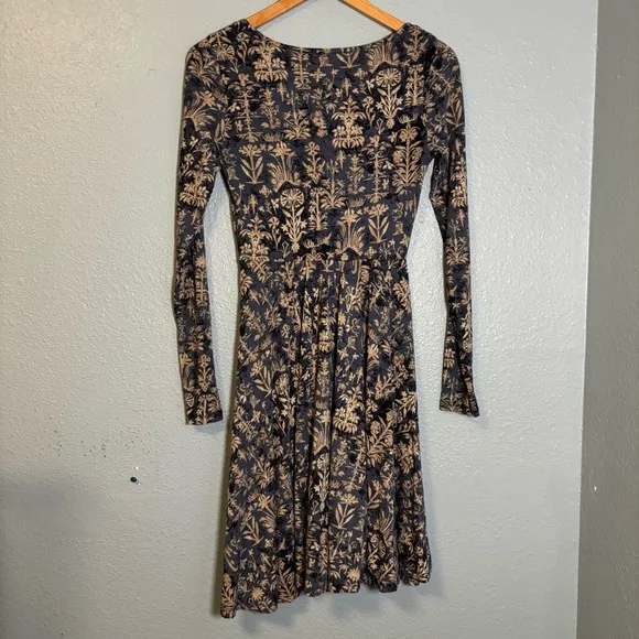 Peruvian Connection Blue Cream Batik Patter Long Sleeve Fit and Flare Dress