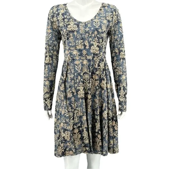 Peruvian Connection Blue Cream Batik Patter Long Sleeve Fit and Flare Dress