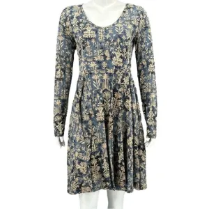 Peruvian Connection Blue Cream Batik Patter Long Sleeve Fit and Flare Dress
