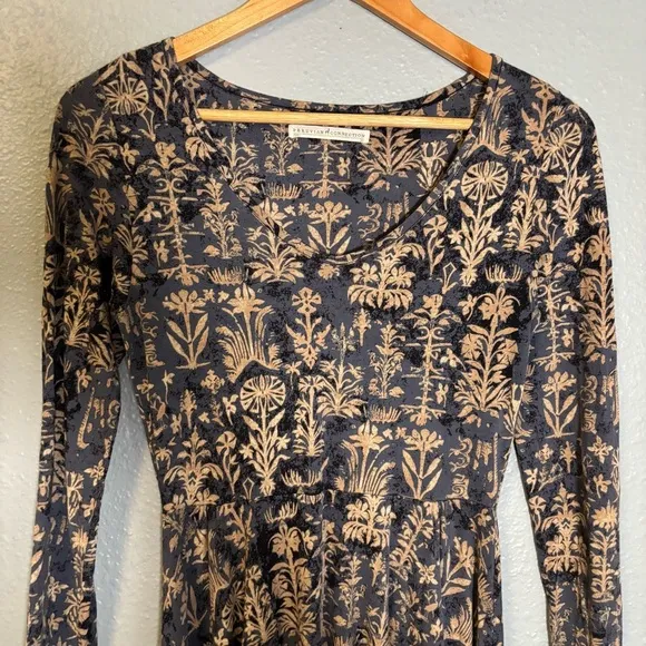 Peruvian Connection Blue Cream Batik Patter Long Sleeve Fit and Flare Dress